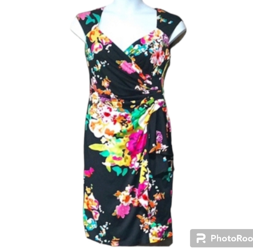 MSK sleeveless black multi colored floral dress midi